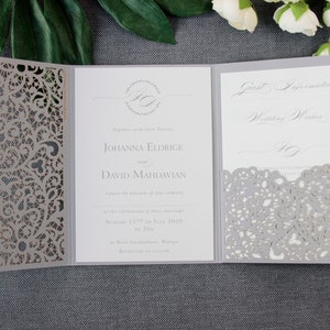 Set di inviti di nozze in pizzo grigio Kit fai da te tagliato al laser, invito principale, invito giornaliero, invito serale, RSVP, desideri