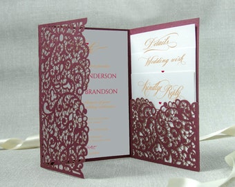 Laser Cut Borgoña Pocket Wedding Invitations with Envelopes , Cards Suite, Laser Invitation DIY Kit, Marsala Wine