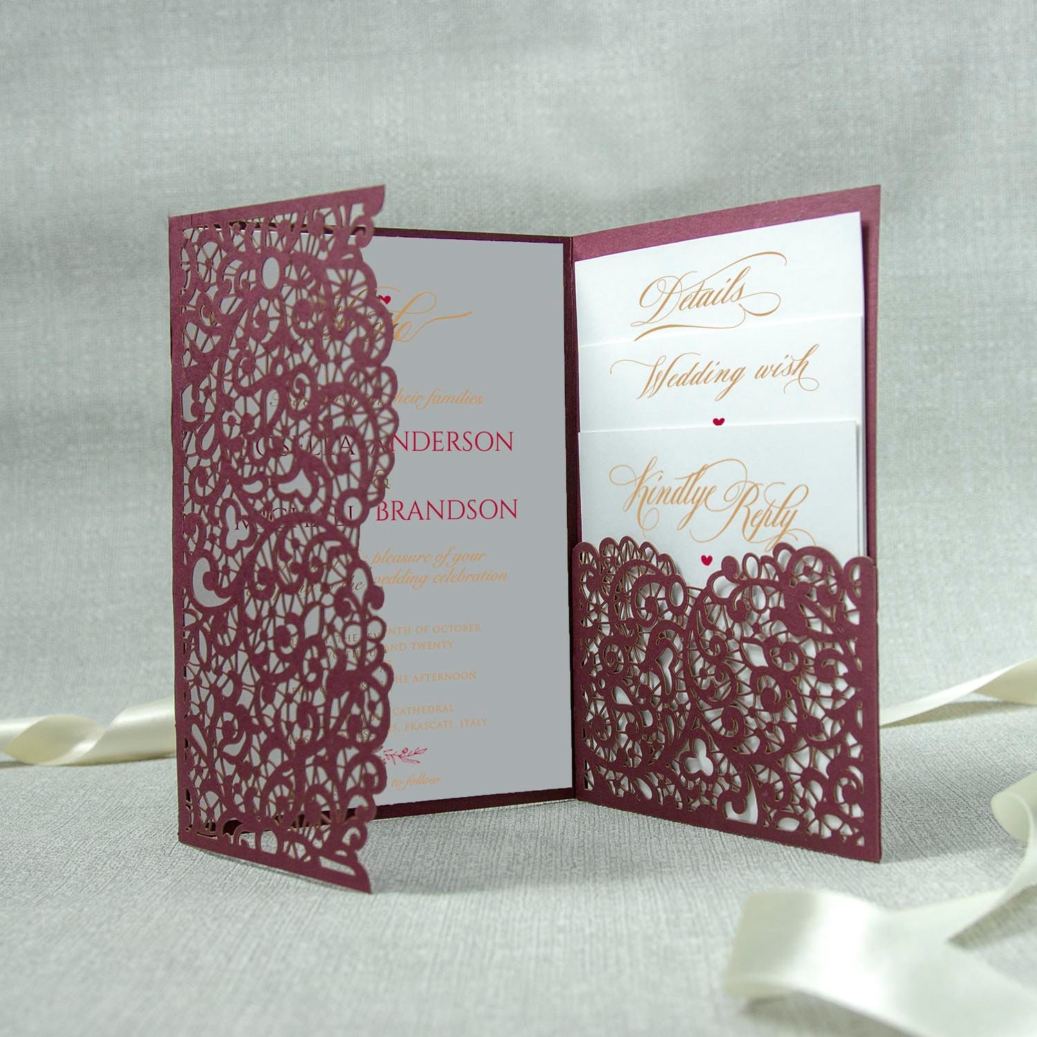 Burgundy Square Laser Cut Invitation Kit Envelope Card Stock for Wedding Shower 