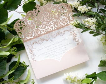 Elegantes invitaciones de boda de melocotón Invitaciones cortadas con láser Insertar crema con borde de oro rosa Invitaciones de bricolaje