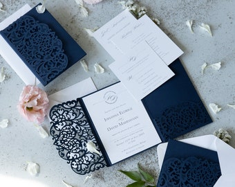 Navy Blue Wedding Invitation Set Modern Lace Wedding Invitations Pocketfold Invites DIY Kit with RSVP and Envelopes