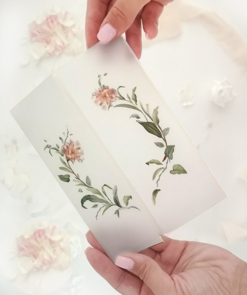 Greenery Translucent Paper Sleeve, 5x7 Printed Parchment Wraps, Vellum Jacket with a Wreath of Floral image 3
