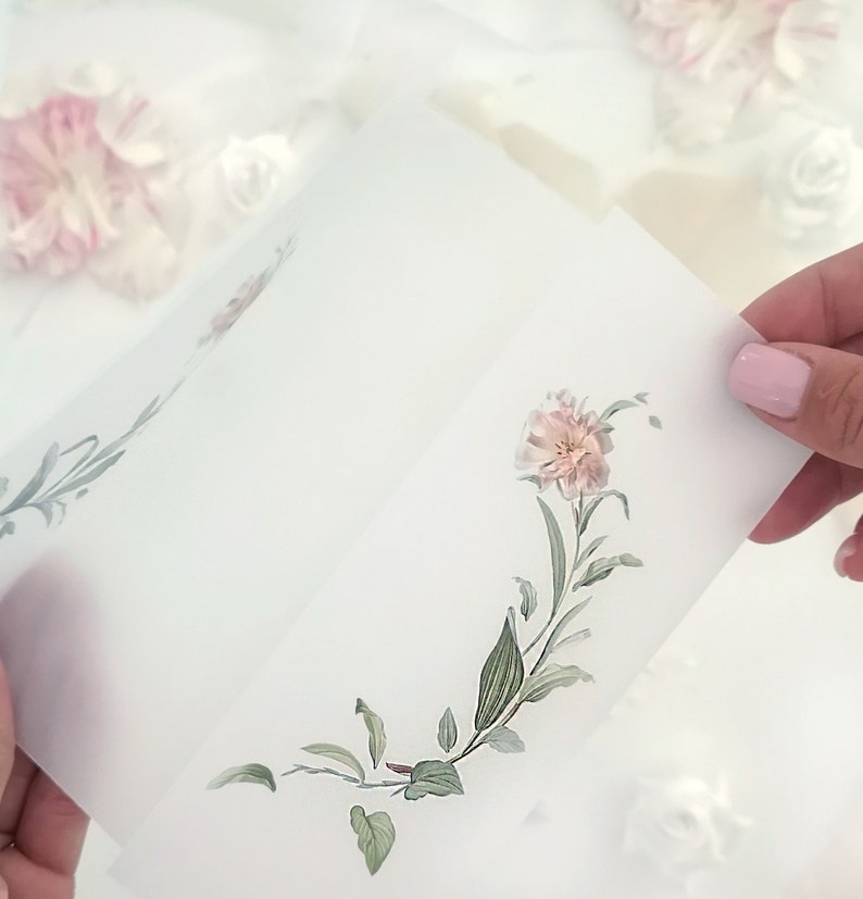 Greenery Translucent Paper Sleeve, 5x7 Printed Parchment Wraps, Vellum Jacket with a Wreath of Floral image 5