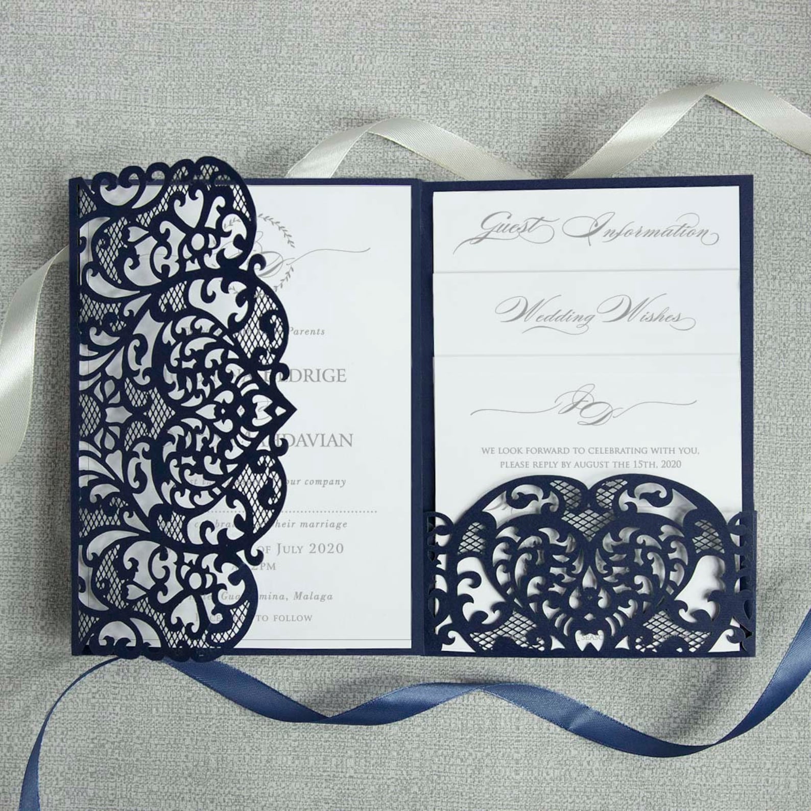 Navy Blue Wedding Invitation Set Modern Lace Wedding Etsy