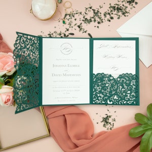 Groene huwelijksuitnodigingen met enveloppen Set Kant Laser gesneden, hoofduitnodiging, dag, avonduitnodiging, RSVP, wensen DIY Set