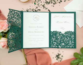 Invitaciones de boda verdes con conjunto de sobres Corte láser de encaje, invitación principal, día, invitación nocturna, RSVP, conjunto de deseos de bricolaje