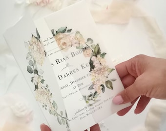 Vellum Sleeves with a Wreath of White Hydrangeas and Roses, Greenery Printed Vellum Jacket, Rustic Wedding Invitation