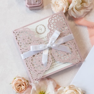 Small Lovely Elegant Matt Pink Wedding Invitations with Envelopes Laser Cut Floral Invitation Cards