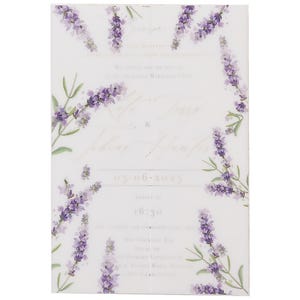 Purple Lavender Floral Printed Design Vellum Wedding Invitation DIY Wedding Invitation, Floral Parchment Sleeve 5x7, Handmade