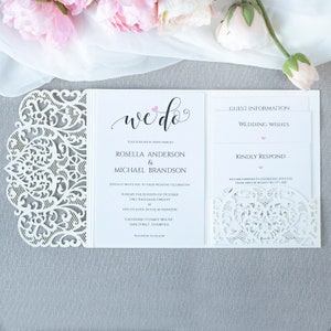 Kit DIY elegante com corte a laser marfim: convite de dia, convite de noite, RSVP, desejos, envelopes