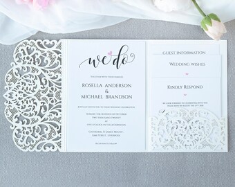 Ivory Elegant Laser Cut DIY Kit: Day Invite, Evening Invitation,RSVP, Wishes,Envelopes