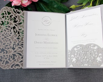 Grey Wedding Invitation Set, Modern Lace Wedding Invitations, Pocketfold Invites DIY Kit with RSVP and Envelopes