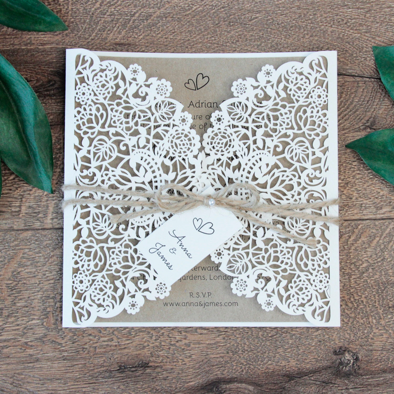 Rustic Boho Kraft Eco Heart Laser Cut Delicate Lace Heart Gatefold Wedding Invitation With Envelopes and Personalisation