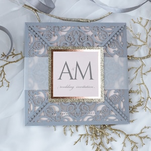 Laser Cut Square Elegant Wedding Invitation Glitter Wedding Invitation Rose Gold Foil Lace Invitation Peach Insert Envelope