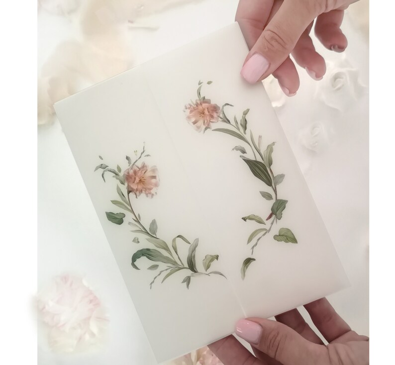 Greenery Translucent Paper Sleeve, 5x7 Printed Parchment Wraps, Vellum Jacket with a Wreath of Floral image 2