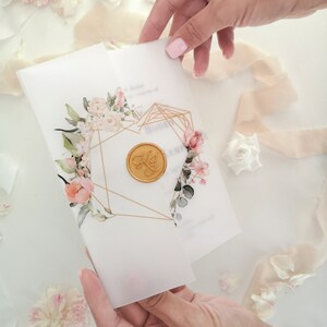 Floral Invitation Wrapper DIY, Printed Vellum Wraps 5x7, Soft Pink Floral Geometric Heart Vellum Jacket, Handmade image 2