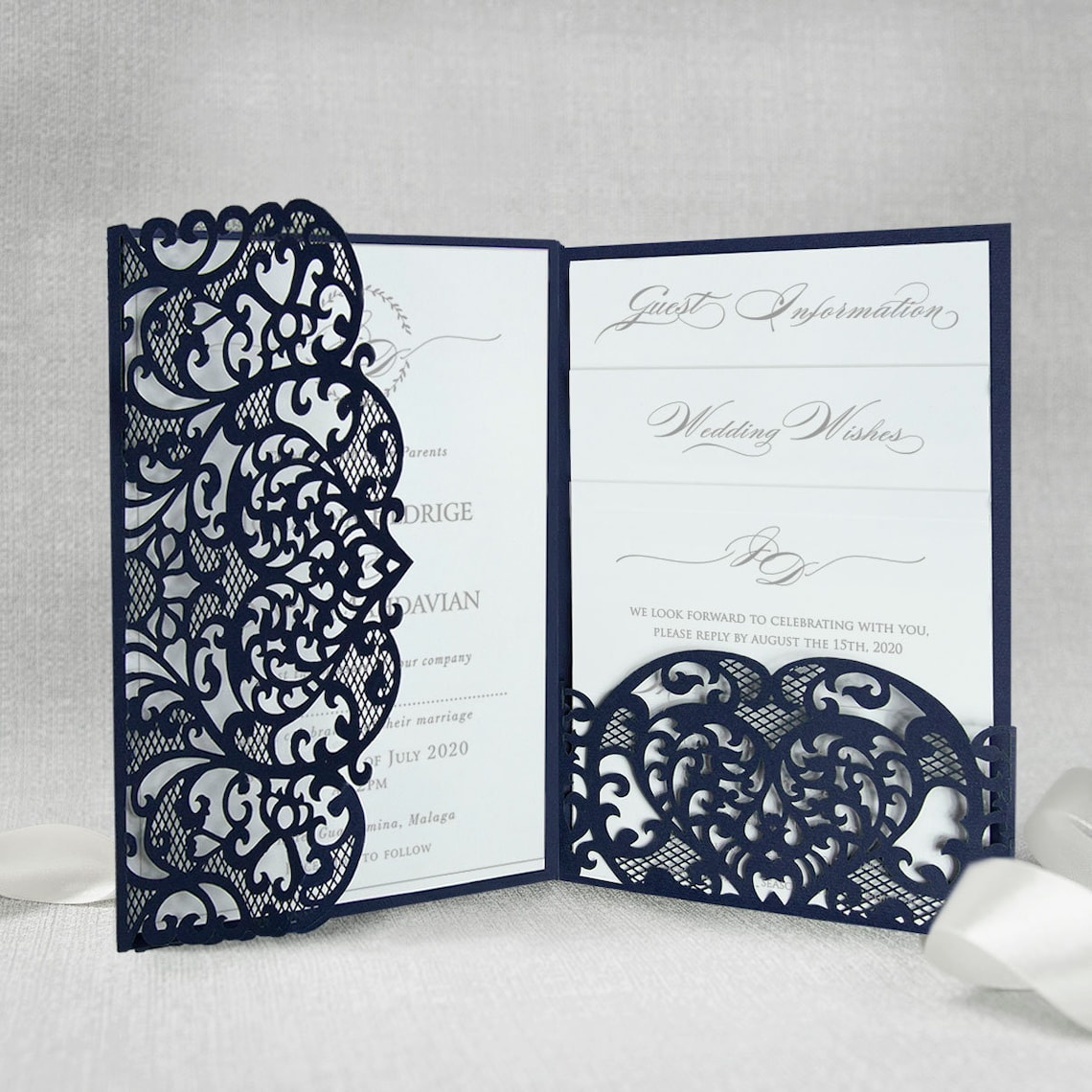 Navy Blue Wedding Invitation Set Modern Lace Wedding | Etsy