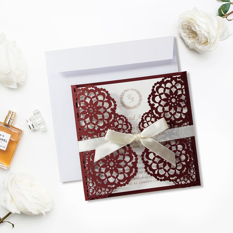 SAMPLE! Elegant Burgundy Wedding Invitations with template Laser cut floral invitation with cream printable insert DIY etsy kit