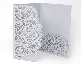 Grey Laser Cut Lace Covers - Wedding, Birthday, Christening Invitation, DIY Invitations, Cover + Envelope