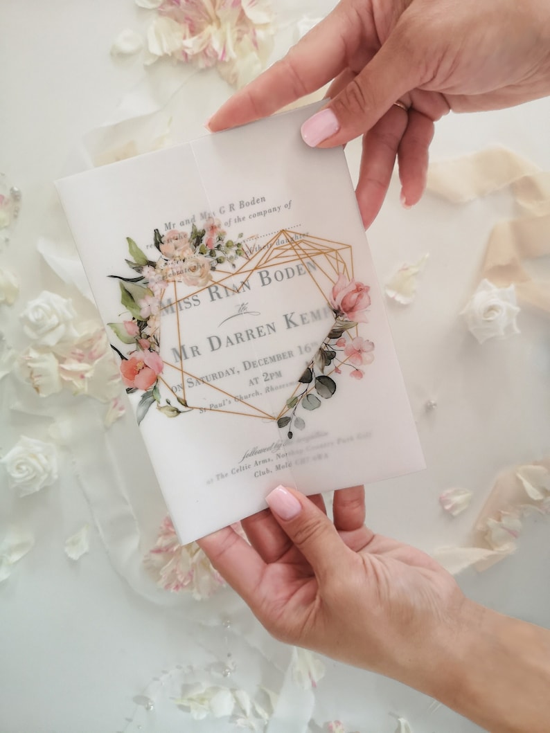 Floral Invitation Wrapper DIY, Printed Vellum Wraps 5x7, Soft Pink Floral Geometric Heart Vellum Jacket, Handmade image 1