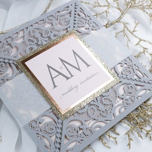 Laser Cut Square Elegant Wedding Invitation Glitter Wedding Invitation Rose Gold Foil Lace Invitation Peach Insert Envelope image 2