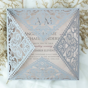 Laser Cut Square Elegant Wedding Invitation Glitter Wedding Invitation Rose Gold Foil Lace Invitation Peach Insert Envelope image 3