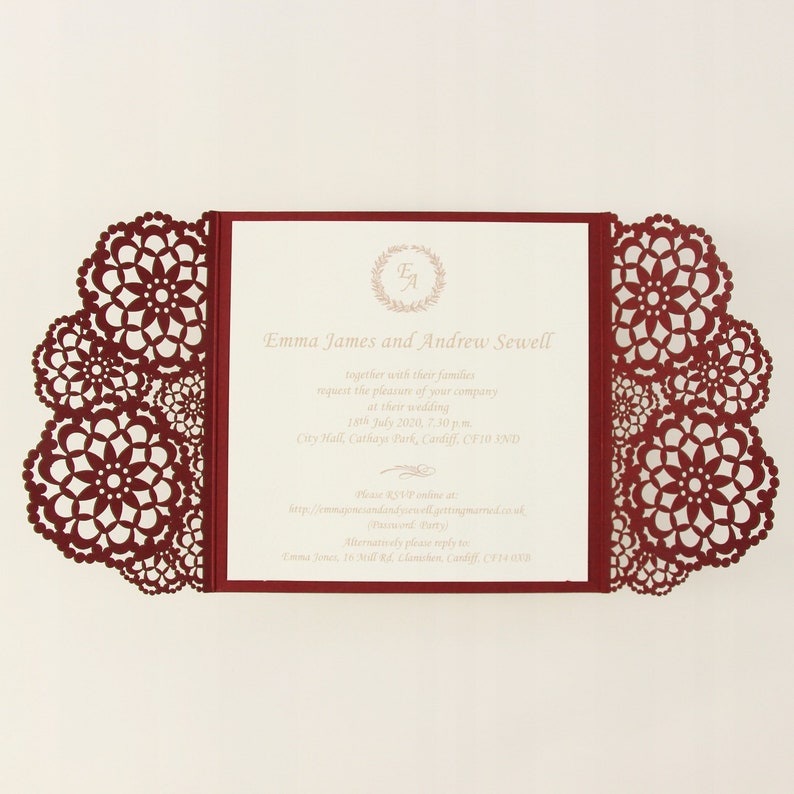 SAMPLE! Elegant Burgundy Wedding Invitations with template Laser cut floral invitation with cream printable insert DIY etsy kit
