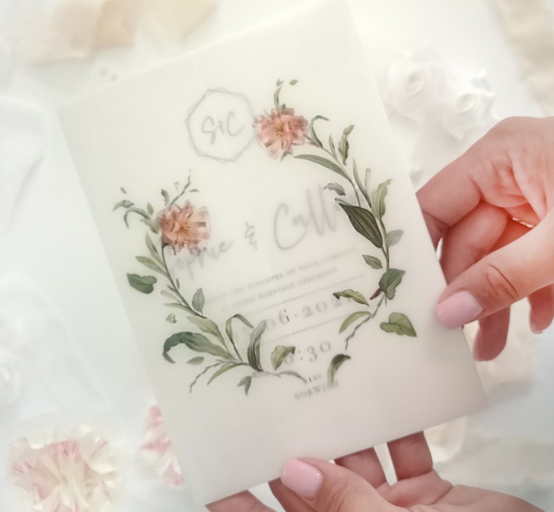 Greenery Translucent Paper Sleeve, 5x7 Printed Parchment Wraps, Vellum Jacket with a Wreath of Floral image 4