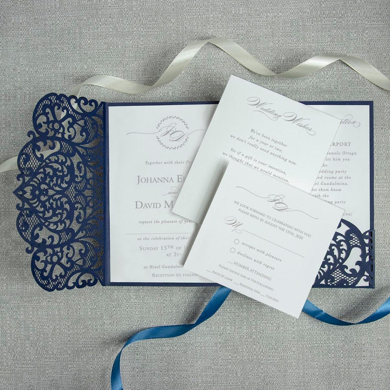 Navy Blue Wedding Invitation Set Modern Lace Wedding Etsy