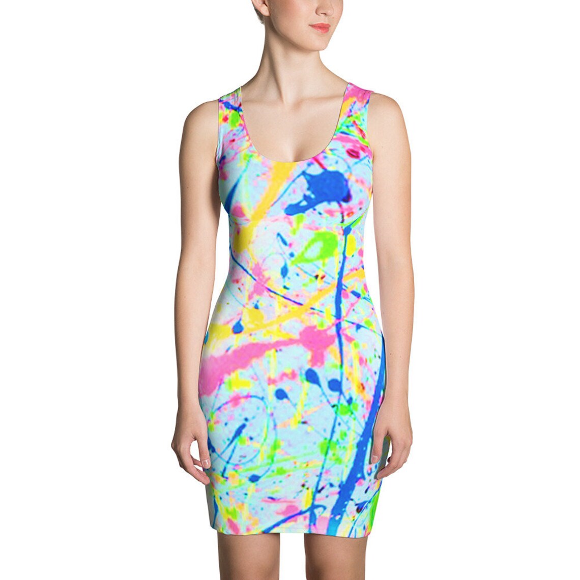 80s Clothing Neon Rainbow Dress Paint Splatter Bodycon Dress Etsy