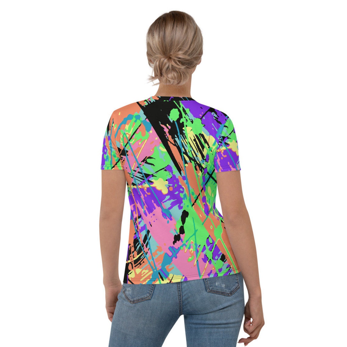 80s Clothing Neon Paint Splatter Rainbow Womens Abstract Shirt Etsy