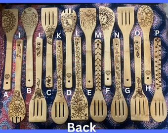 Bamboo Cooking Utensils | Hand Woodburned | Rustic Woodburning | Wooden Kitchen Spoons | Spatula Spoon Gifts