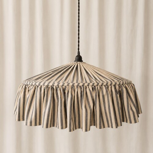 Ruffled Natural Linen Lampshade – Soft Gray Stripe Linen