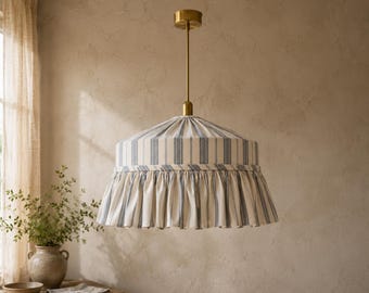 Blue Gray Stripe Linen Pendant Lamp, English Country  Ruffle Shade