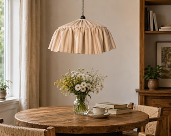 Ruffled Natural Linen Lampshade – Warm Beige Stripe Linen