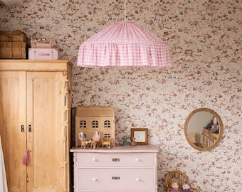 Gingham Linen Lampshade, Ruffled Cottage Pendant Shade