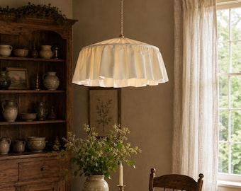 Light Off-White Linen Lampshade, Near White Tone, Handmade Ruffled Shade
