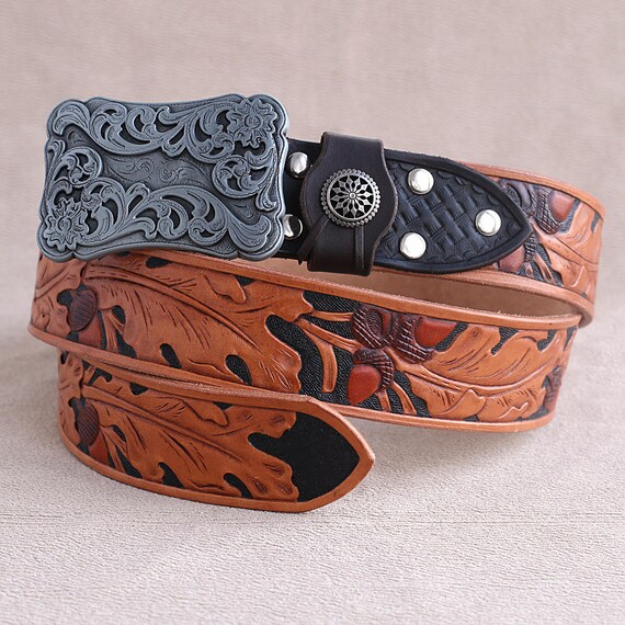 Hand Tooled Leather Belt Oak Spiret With Oak Leaf Etsy