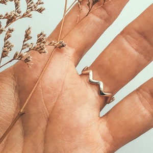 Peut inclure: Une main portant une bague en or en zigzag avec des fleurs séchées en arrière-plan.