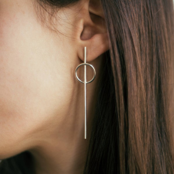 Stick circle stud earrings, hoop bar earrings, geometric stick earrings, circle bar silver earrings, line earrings,minimal design earrings