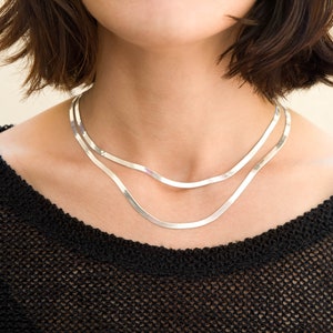 Thin flat silver chain, herringbone silver chain, layering silver necklace, minimal necklace, flat snake chain, flat choker necklace.
