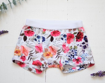 Boxer flowers watercolor / organic cotton fabric / GOTS certified / gift birth / girl / baby trousseau / learning / cleanliness