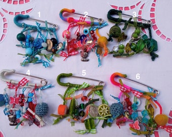 safety pin brooch, boho brooch, colourful brooch, safety pin with charms and beads