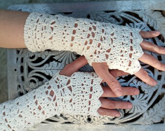 Crochet Lace Fingerless Gloves: Cream Bridal Arm Warmers