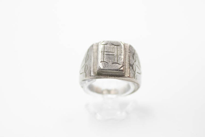 Antique Silver Toned Signet H Monogram Mens Band Ring Size 11 art deco boho gift minimalist simple renaissance initial unisex thick large