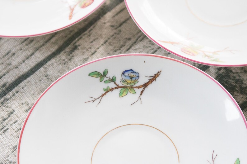 Vintage Pink and Blue Floral Saucer Set of 3 shabby chic wedding tea coffee set floral flowers decor farmhouse french country homeowner gift
