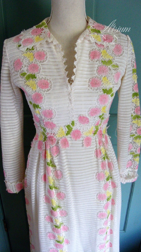 Vintage 70s Pastel Flowers Long Lace Dress, S - image 4