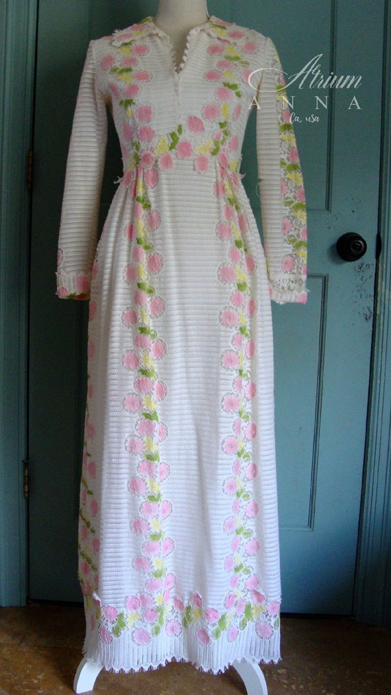 Vintage 70s Pastel Flowers Long Lace Dress, S - image 1