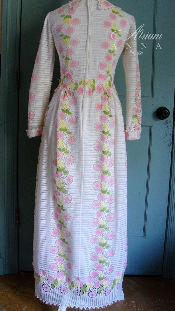 Vintage 70s Pastel Flowers Long Lace Dress, S - image 3