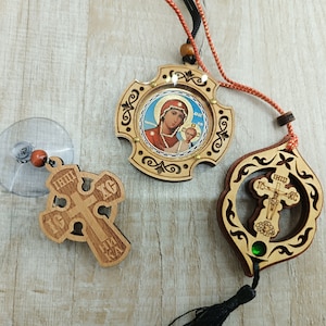Christliche Ikone Auto Amulett Autospiegel Kreuz Holzautokreuz Kreuz des Glücks Kruzifix Holzkreuz orthodox römisch ukrainisch katholisch Autoset